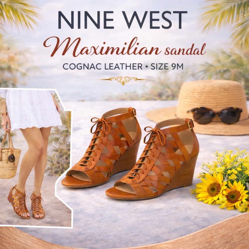 Nine West Maximilian Wedge Heel Sandal in Cognac Leather Size 9M NIB